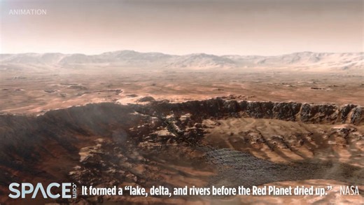 Artist animation of water flowing into ancient Mars Jezero Crater