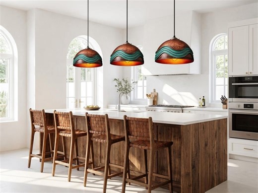 Handmade Moroccan Copper Pendant Light: Green Patina Industrial Hanging Lamp