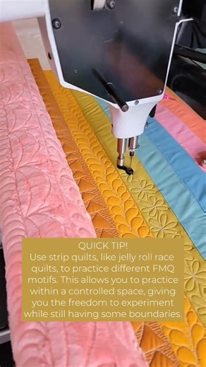 Quick tip for beginner quilters: Use control spaces—like a jelly roll race quilt or the custom panel I created with Honest Fabric—to practice your free-motion quilting designs. Why? Working within a defined space helps you stay in control while building muscle memory. We all start somewhere, and my Beginner’s Guide to Free-Motion Quilting class (and quilts!) is the perfect place to begin your journey. Want in? Comment beginner below and I’ll send you the link! #freemotionquilting #quiltingtips #