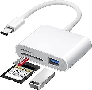 SD Card Reader for iPhone USB C, USB-C to SD/TF Memory Card Reader for iPhone 15/16 Pro Max with USB Port, High Speed Camera Adapter Compatible with iPad/MacBook Pro/Air, Android Phones and Tablets