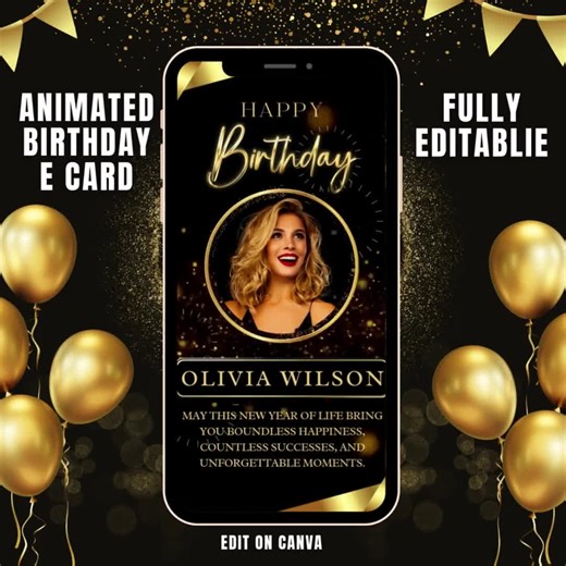 Animated Birthday Video Template | Editable Canva Greeting | Black & Gold Digital Card | Customizable Ecard Download - Etsy