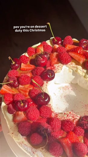 Pavlova wreath with date caramel - the perfect Christmas dessert that everyone will love. Wearing my fave new summer pieces from @lornajaneactive Pavlova 6 egg whites, room temperature 1.5 cups caster sugar 2 tsp cornflour 1 tsp white vinegar 1 tsp vanilla extract Date Caramel 1 cup Medjool dates, pitted 1/4 cup maple syrup 1/3 cup coconut milk 1 tsp vanilla bean paste 1/4 tsp salt Toppings 300 ml thickened cream Sliced strawberries Raspberries Cherries, halved Freeze-dried raspberry powder 1. P