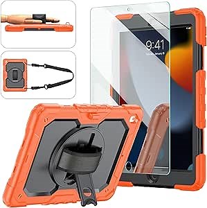Ambison Case for iPad 9th/8th/7th Generation 10.2'' 2021/2020/2019, [Kid Proof] Full Body Protective Case with 9H Tempered Glass Screen Protector, 360° Rotatable Kickstand/Hand Strap (Orange & Black)