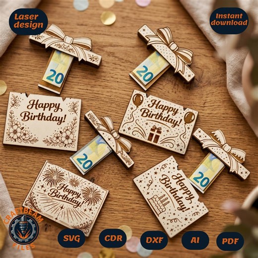 Laser Cut File Birthday Cash Gift Card Holder SVG | Sliding Money Box Set of 4 | Glowforge Xtool File | Laser Files Money Gift - Etsy