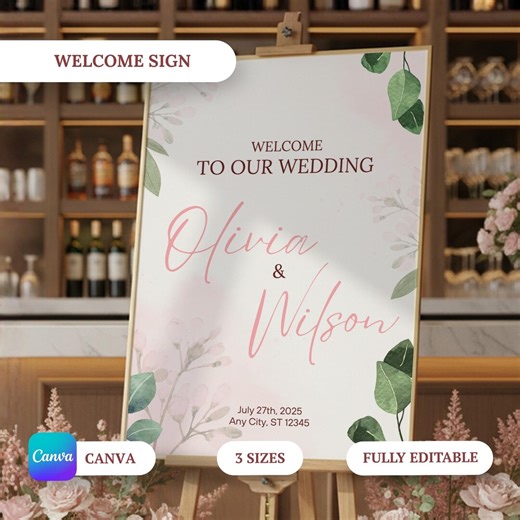 Wedding Welcome Sign Template, Editable Canva, Blush Greenery, Printable Wedding Sign, Botanical Wedding Decor, Reception Sign - Etsy
