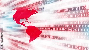 Artistic binary numbers lines with red earth planet rotation.
