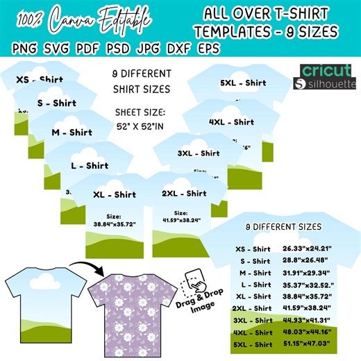 All Over T-shirt Template 9 Sizes Shirt Sublimation Blank Template Canva Editable Drag Drop T-shirt Template SVG DIY Shirt Outline Template - Etsy