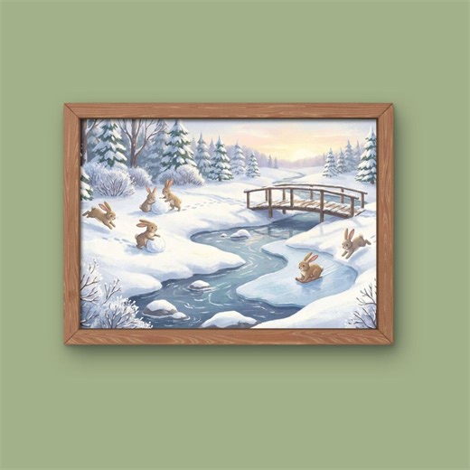 Rabbit Print, Winter Bunnies in Snow, Woodland Rabbits Painting, Digital Download - Etsy