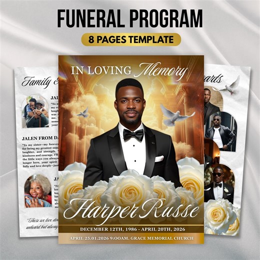 White & Gold Floral Funeral Program Template, 8-page Memorial (canva, PDF) - Etsy
