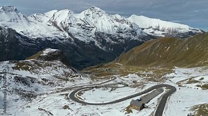 Grossglockner High Alpine Road and Snowy Mountain Pass in Austria Alps - Aerial 4k