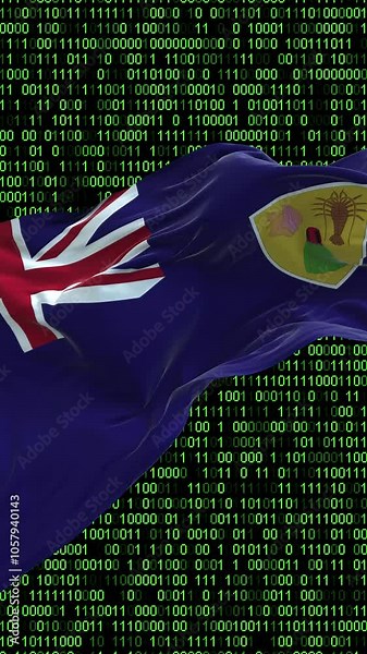 Turks and Caicos Islands flag - 3D realistic waving flag on matrix digital background with binary code