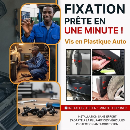 Marre des pièces de voiture qui se détachent sans arrêt ? 😤 Découvrez nos Vis en Plastique de Voiture — le kit indispensable pour toutes vos réparations et modifications auto 🔧. 3. BÉNÉFICES : ✅ 50 pièces robustes pour tous vos besoins d’entretien. ✅ Faciles à installer — pas besoin d’outils compliqués ! ✅ Résistantes à la chaleur et aux vibrations du moteur. Déjà adoptées par des centaines d’automobilistes au Burkina 🇧🇫 qui ne jurent plus que par ces vis ! Commandez maintenant 🛍️ Livraison