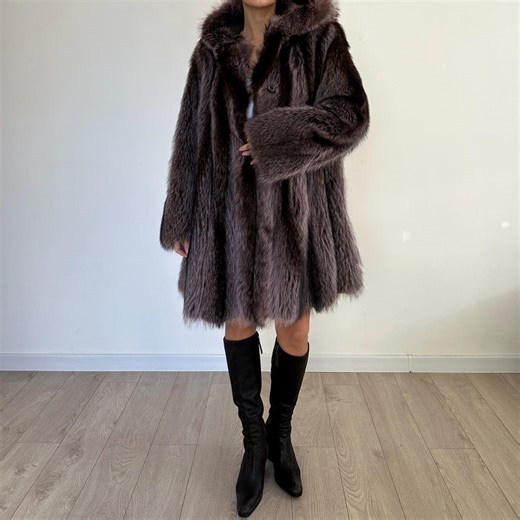 Vintage Authentic Purple Fur Coat Jacket With Hood / Italian Raccoon Fur Coat / Winter Coat / Oversized Mid-length Luxury Outerwear - Etsy