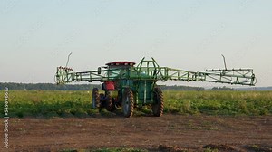 preparation process of spraying with chemicals and pesticides fields with potatoes. Growing potatoes in fields and cultivating vegetables. tractor pulls barrel with irrigation system behind it.