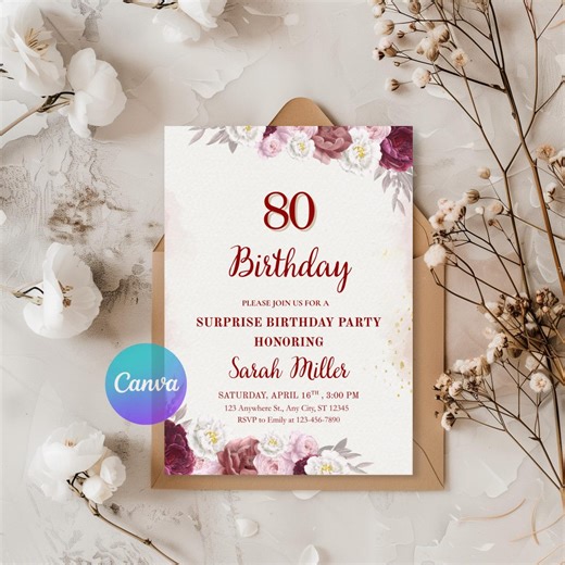 Editable 80th Birthday Invitation, Elegant Gold Floral Canva Template, Birthday Party Invitation, Instant Download Digital Invite - Etsy