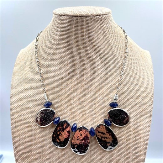 Vintage Statement Bib Necklace Hammered Bronze Tone Plates Blue Bead Accent Boho - Etsy