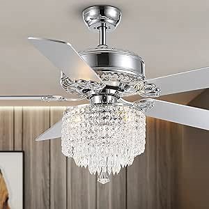Moooni 52 Inch Modern Crystal Ceiling Fan with Lights and Remote, Elegant Chandelier Fan Light KIt Fandelier with 5 Wooden Blades for Bedroom Living Room Silver