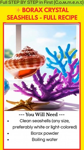 Borax Crystal Seashells The kind of rainy day fun that leaves a sparkle in your heart. Ingredients: Clean seashells (any size, preferably white or light-colored) Borax powder Boiling water | Kira Recipes