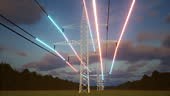 Timelapse visualization of energy travelling industrial power tower...