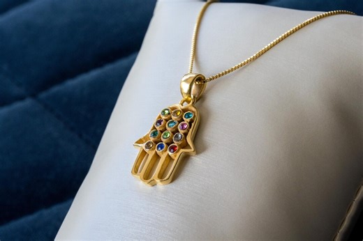 Hamsa Hand Necklace | 12 Tribes Breastplate Pendant | Colorful Gemstone Judaica Jewelry | Adjustable Chain Amulet Gift | 18K Gold Plated - Etsy