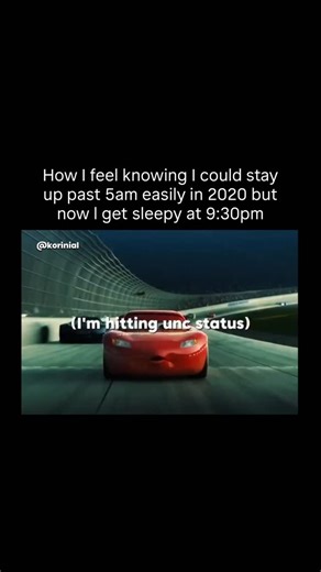 Animation • Internet Culture • Nostalgia on Instagram: "Follow @KORINIAL How I feel knowing I could stay up past 5am easily in 2020 but now 1 get sleepy at 9:30pm (I’m hitting unc status) It’s that slow, humiliating realization that nothing happened - you just don’t have it anymore. No injury, no big moment. You still feel confident, you still think you’re keeping pace, but somehow everyone else is pulling ahead while you’re convincing yourself you’re fine. The mind is willing, the body is alrea