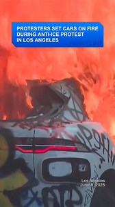 Protesters set several #Waymo cars, Alphabet's driverless robotaxis, on fire during an anti-ICE protest in #LosAngeles on Sunday (June 8th), as demonstrations over federal #immigration raids continued for a third day. #protest #US #UnitedStates | CGTN Frontline