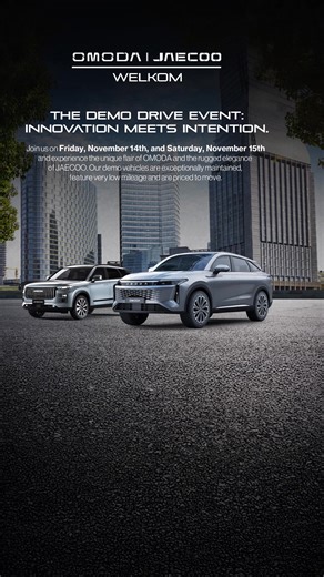 64 reactions | The Demo Drive Event is here at Omoda Jaecoo Welkom! Experience innovation and intention with up to R100,000 trade-in assist on Friday, 14th November, and Saturday, 15th November 2025. Test drive OMODA and JAECOO demo models featuring next-gen tech, low mileage, and unbeatable value. Terms and Conditions apply. | OMODA Jaecoo Welkom | Facebook