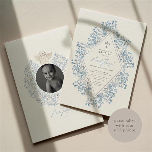 Modern Boys Baptism Invite Template With Custom Photo Digital Editable Canva Evite Timeless Christening Invitation Silver and Blue Cross - Etsy