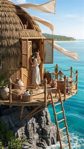 Cliffside Survival Hut Build — From Bare Rock to Dream Ocean Escape ❤