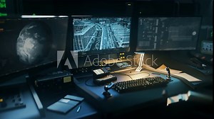 Spy Agency Computer Controls Tracking System To Find Dangerous Terrorist. Discovering Position Of Criminal By Spy Tracking Interface In Control Room. Spy Satellite Control. Location Tracking Program