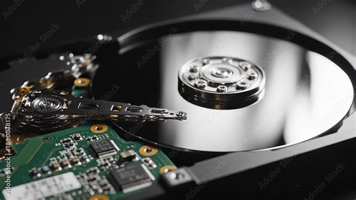Closeup view of an opened hard disk drive revealing its intricate internal components including the shiny platters readwrite head and circuit board symbolizing data storage technology and digital inf.