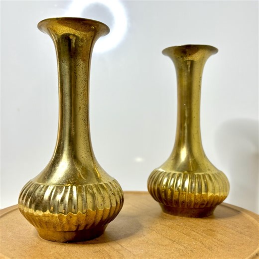 Vintage Brass Bud Vases Set of 2: Ribbed Bottle Vase With Patina, India Decor - Etsy