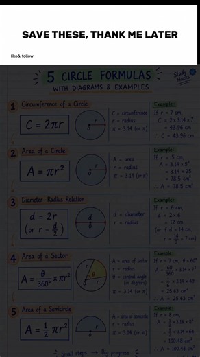 📚 5 Circle Formulas you should know before your next exam! From circumference and area to sectors and semicircles — this quick cheat sheet puts the key formulas, diagrams, and examples in one place. ✍️🧠 📌 Save this for revision 📤 Share it with a classmate 👀 Check the examples before your next maths test! Follow Study Hacks for more simple revision sheets. ❤️ #StudyHacks #Mathematics #CircleFormulas #MathsTips #GCSE