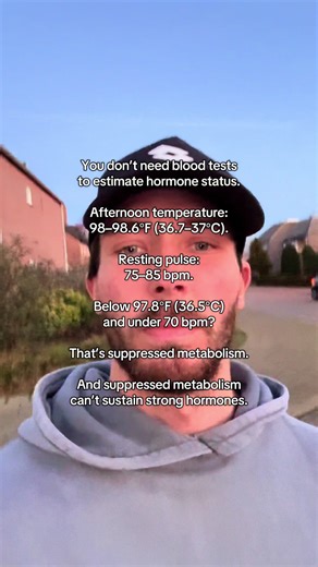 You don’t need expensive blood panels to get clues about your hormone status. Hormones require energy. Energy shows up as heat and pulse rate. Thyroid hormone regulates mitochondrial respiration; the process that produces ATP and heat. When thyroid signaling is adequate, afternoon body temperature typically rises toward 98–98.6°F (36.7–37°C). Resting pulse commonly sits between 75–85 bpm in metabolically healthy adults. Consistently lower readings; for example: • Afternoon temperature below 97.8
