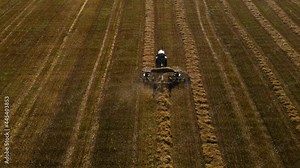 Tractor grouping hay in the field. A tractor uses a trailed bale machine to collect straw in the field and make round large bales. Agricultural work, baling, baler, hay collection in the summer field.