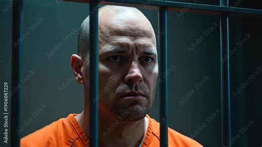 Behind Bars: A man in an orange jumpsuit gazes from behind the cold steel bars of a jail cell, his somber expression hinting at a story of confinement and despair.