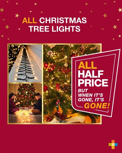 From 06/11/2025 – New this week – ALL CHRISTMAS TREE LIGHTS are now ALL HALF PRICE! 🎄✨ From classic white to colourful sparkle, find the lights to match your Christmas style. Shop in-store and online now: https://bit.ly/4qOhuQK 🧐 Products featured: 2000 LED Cluster Christmas Tree Lights Warm White - €49.99 960 Icicle LED Christmas Lights White - €49.99 2000 Star Bright LED Compact Christmas Tree Lights Rainbow - €49.99 1000 LED Cluster Christmas Tree Lights Multi - €19.99 720 Icicle LED Christ