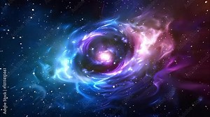 A vibrant cosmic scene featuring swirling colors of purple, blue, and pink, representing a galaxy or nebula in space.