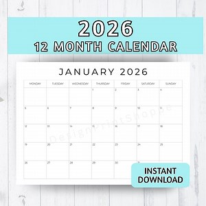 2026 Printable Calendar | Minimalist Black & White, Monday Start (instant Download) - Etsy
