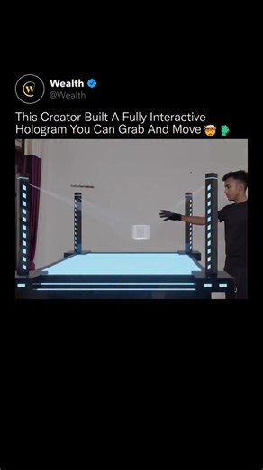 Wealth on Instagram: "This isn’t CGI or post-production trickery, it’s a real hologram responding to human movement in real time. ✨🧠 The setup combines multi-angle projection, depth sensing, and motion-tracking gloves to map hand position in 3D space. Every movement triggers instant recalculations of light, perspective, and geometry, making the hologram behave like a physical object rather than a visual illusion. Unlike traditional holograms that are locked in place, this system is spatially aw