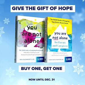 You Are Not Alone for Parents and Caregivers, NAMI's second book, is on sale now, just in time for the Holidays! This essential resource is available for anyone who has ever struggled with supporting the mental health of the young people in their lives. With advice from experts and personal stories from parents, caregivers, and young people themselves, this book reminds us that we are never alone. Get your copy now through Dec. 31 and receive a free copy of "You Are Not Alone" here: https://woob