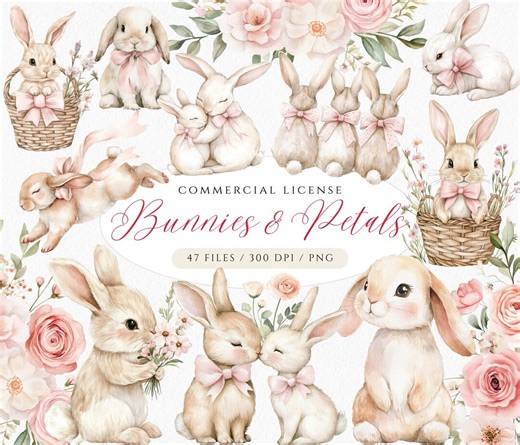 Coquette Floral Bunny Clipart Set: Watercolor Pink Easter Bunnies PNG (digital Download) - Etsy