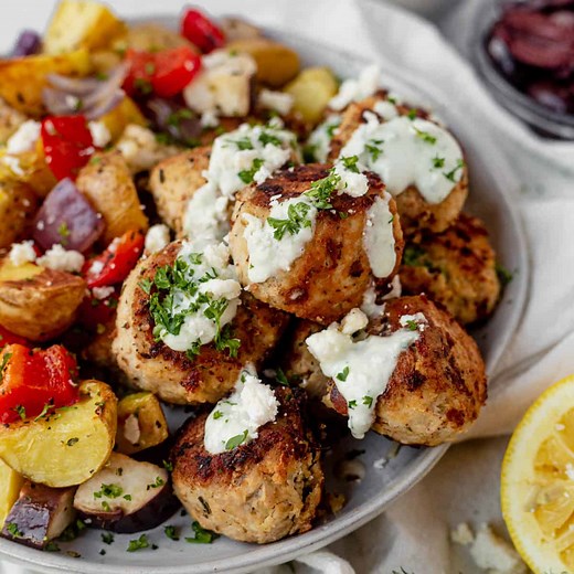Easy Greek Chicken Meatballs Recipe with Whipped Feta