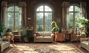 The Victorian wallpaper features ornate, antique designs with intricate typography, creating a unique blend of art and history within the room, reminiscent of an old west parlor