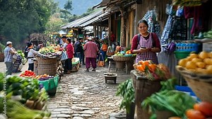 A vibrant village morning market where farmers are selling fresh produce, baskets of fruits and vegetables, and handmade goods, with villagers mingling and exchanging smiles.