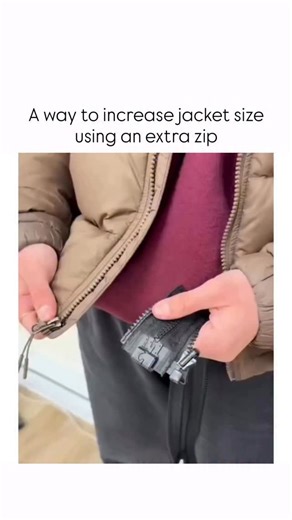 Sarcasm on Instagram: "This video demonstrates a specialized zipper extender designed to increase the width of a jacket, likely intended for maternity use or to accommodate extra layers. The demonstration begins with a person holding a tan North Face puffer jacket. They introduce a black, wide-track zipper panel that features matching zipper sliders and teeth on both sides. The person first aligns the extender’s zipper with the existing zipper track on the right side of the jacket, sliding it do