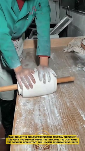 Shaping Dough into Thin Sheets using a Wooden Rolling Pin - Good Tools and Machinery in Daily Work