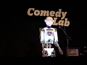 Robot comedian does a standup routine and reacts to the audience