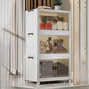 Plastic Cabinet 32.62 Gal/ 130 QT 3 Tiers Collapsible Storage Containers Stackable Closet Organizer Plastic Car Organizer Dorm Storage Bins with Lids and Doors (White 3 Tier - CX)