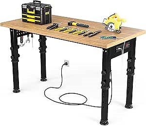 YITAHOME 48 inch Adjustable Work Bench with Wood Top Workbench for Garage W/Pegboard & Power Outlets Heavy-Duty Workstation, 2000 LBS Load Capacity for Workshop, Office, Home Outdoor